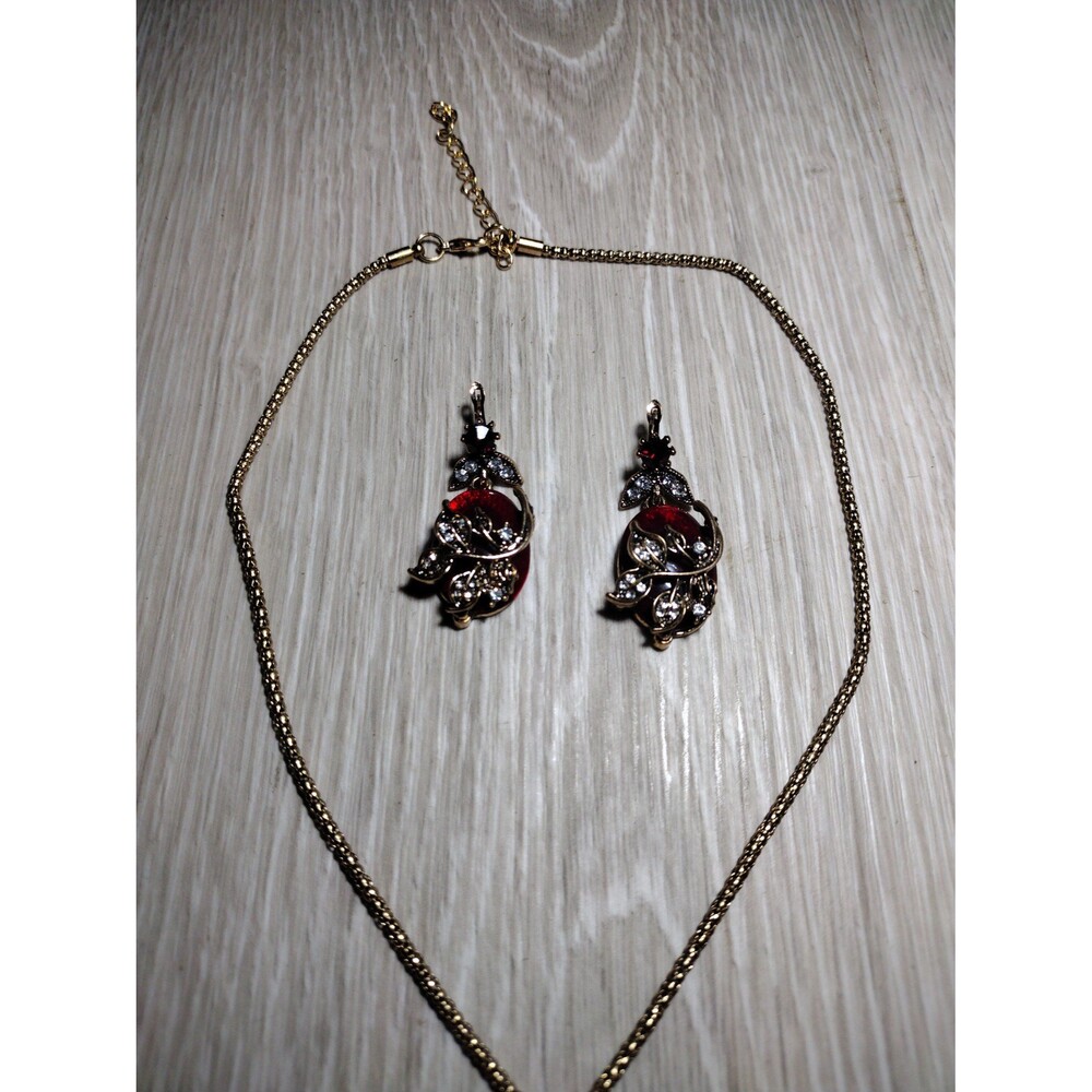 Necklace & Earrings Set - Dark Ruby Like Red & Diamond like Accents - Picture 6 of 7